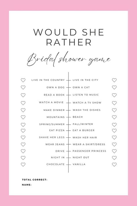 Bridal Shower Games Free Printables, Free Bridal Shower Games, Who Knows The Couple Best, Bride Shower Games, Who Knows The Bride Best, Bridal Shower Bachelorette Party Ideas, Bridal Party Games, Would She Rather, Bride Game