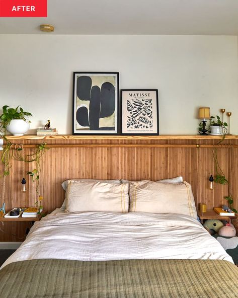 A Boho Bedroom Redo Only Cost $250 — And Looks Way Different | Apartment Therapy Diy Tall King Headboard, Full Wall Headboard, Diy Headboard Wood, No Headboard Ideas, Headboard Upcycle, Diy Headboard Ideas Easy, Hanging Headboard, Headboard Alternative, Boho Headboard