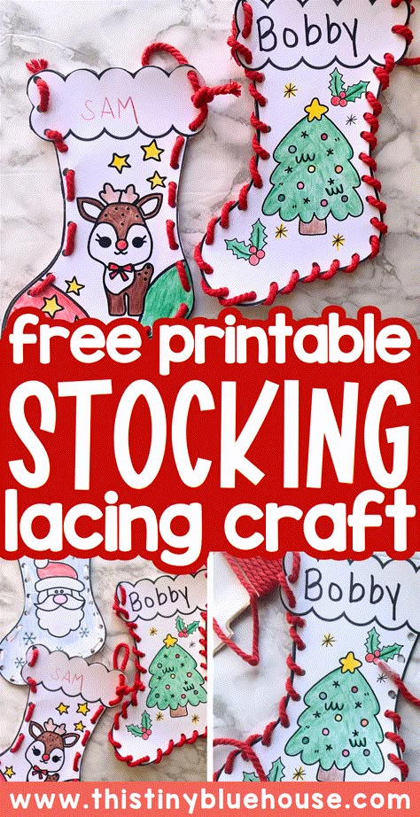 This free printable stocking lacing craft is lots of fun for kids in preschool up to grade 3 or 4. Children have lots of fun coloring in their own stocking template and then using yarn or ribbon to lace their stocking together. A fun Christmas craft idea for kids, this easy Christmas activity works on fine motor skills and hand-eye coordination. Head over to our blog today to snag your free printable Christmas stocking templates. Paper Stocking Decorating Ideas For Kids, Kindergarten Classroom Christmas Craft, Stocking Craft For Toddlers, Preschool Craft Christmas, Kindergarten Craft Christmas, Stocking Day At School, Christmas Crafts Stocking, Christmas Craft Ideas For Kindergarten, Daycare Crafts Christmas