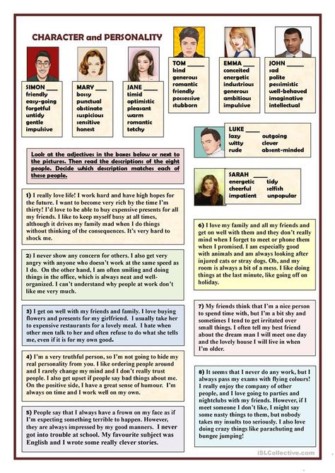 Character and personality - English ESL Worksheets for distance learning and physical classrooms Adjectives To Describe Personality, Personality Adjectives, Teaching Adjectives, Descriptions Of People, Speaking Activities English, Adjectives Activities, Character Worksheets, English Lesson Plans, Describing Characters