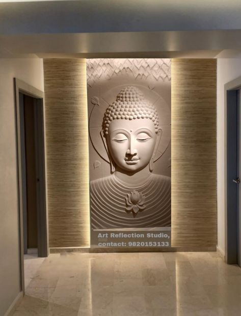 Entrance Wall Design Entryway, Passage Wall Design, Foyer Ideas Entryway Indian, Highlight Wall, Buddha Mural, Buddha Room, Buddha Decoration, Foyer Design Ideas, Foyer Designs