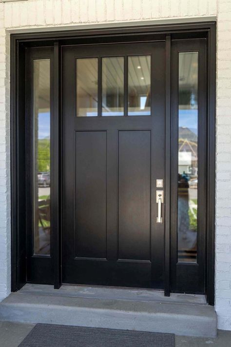 Black Doors And Windows Exterior, Black Front Door With Frosted Window, Entry Doors Design, Front Door With High Windows, Single Farmhouse Front Door, Black Entry Doors With Sidelights, Front Exterior Doors Entrance, Windows Next To Front Door, Traditional Home Front Door