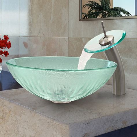 Icicles Glass Circular Vessel Bathroom Sink with Faucet Glass Sink Bowl, Bathroom Sink Bowls, Bathroom Sink Design, Sink Bowl, Modern Bathroom Sink, Glass Vessel Sinks, Vessel Faucets, Glass Sink, Waterfall Faucet