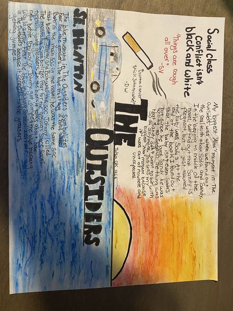 Oil pastels, colored pencils, and ShArPiE One Pagers Aesthetic, All About Me One Pager Ideas, The Outsiders Project, The Outsiders One Pager, One Pager Ideas, One Pagers, Pony Boy, Love Book Quotes, The Outsiders 1983