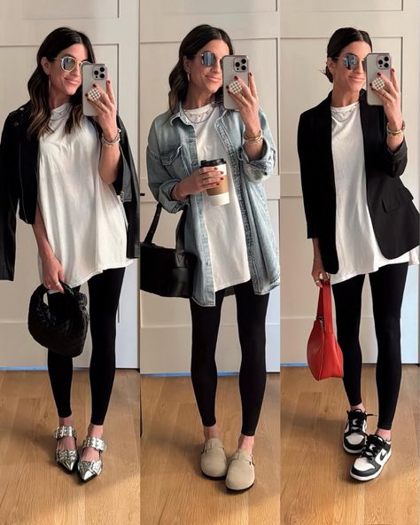 Check out this photo from thesisterstudio School Tshirt Outfit, Tunic Tee Outfit, Leggings And Shirt Outfit, Shopping Trip Outfit, Zara Styling, Leggings At Work, Easy Casual Outfits, Black Tee Outfit, Outfit Minimalista