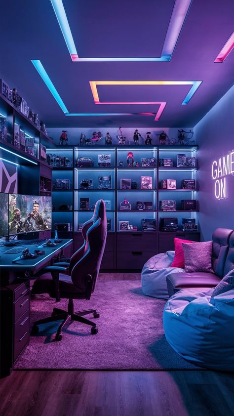 Pc Gaming Room Setup Ideas, Gaming Light Setup, Game Dev Aesthetic, Gaming Room Setup Aesthetic, Kids Gaming Room, Gaming Room Setup Ideas, Gamer Bedroom Ideas, Gaming Bedroom Ideas, Teen Game Rooms