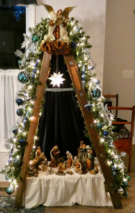 Friend gave me this old ladder . Didn’t take long to make it special! Ladder Christmas Tree With Nativity, Christmas Tree Ladder Ideas, Bethlaham Christmas, Wooden Ladder Christmas Tree, Christmas Ladder Decor, Christmas Ladders Ideas, Christmas Tree Ladder, Christmas Nativity Scene Diy, Jesus Christmas Decorations