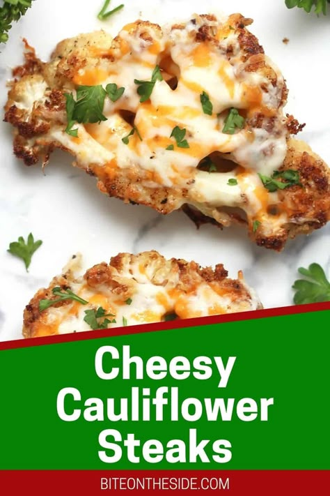 Find cauliflower bland and boring? You have to try these cheesy roasted cauliflower steaks! Super simple to prep, they are a welcome addition to any plate. Perfectly crispy and made with parmesan and cheddar, this is one cauliflower dish you are guaranteed to love! Low carb, keto and gluten-free. Cheesy Roasted Cauliflower, Steaks Recipes, Cauliflower Steaks Recipes, Oven Roasted Cauliflower, Roasted Cauliflower Steaks, Roasted Cauliflower Recipes, Low Carb Side, Cauliflower Dishes, Cheesy Cauliflower