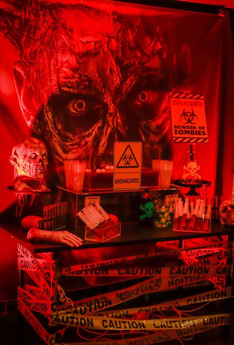 Zombie bar setupBirthday party @amy_isha_hembrow StylingCo-ordinationProps @nextevent.com.au Dessertscakegrazing table @theremustbecake Balloons @lovenwishesstyledevents Signage @veryflamingo.com.au LightingSpecial effects @prestigegroupau goldcoast gc goldcoastevents horror horrorparty styling goldcoaststyling brisbane brisbanestyling event specialevent eventplanning Red Halloween Decorations, Halloween Party Wall Decor, Horror Themed Birthday Party Decorations, Halloween Party Aesthetic Grunge, Halloween Party Table Setup, Horror Movie Themed Party, Horror Birthday Party Ideas, Horror Party Decorations, Horror Themed Birthday Party