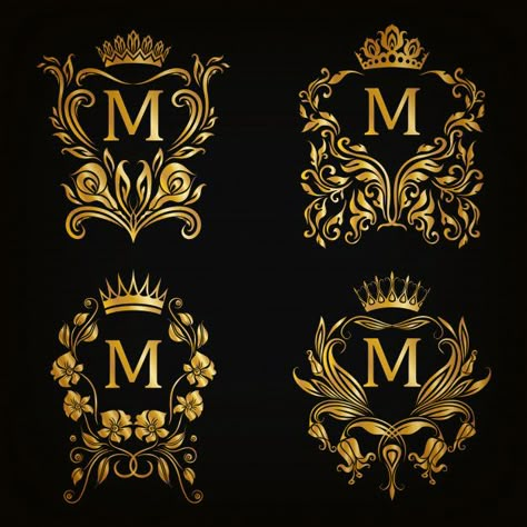 M letter logo set, victorian style Premium Vector Gold Graphic Design, M Letter Logo, Alphabet Letters Design, The Letter M, M Letter, Logo Design Art, Lettering Styles, Gold Monogram, Logo Set