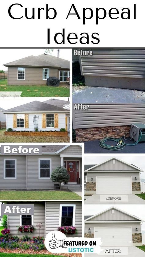 Before And After Porch Remodel, Change Siding On House, Outside Home Makeover Before After, Siding To Brick Before And After, House Without Shutters Before And After, Improve Front Of House, House With And Without Shutters, Plain Front House Makeover, Curb Appeal On A Budget Before And After