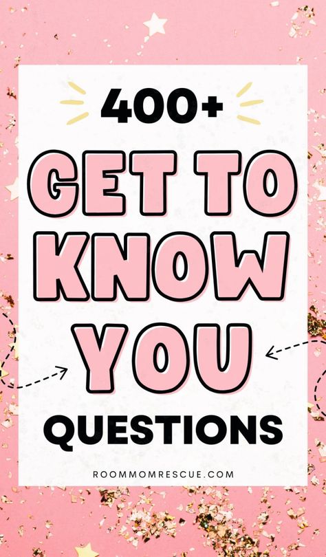 Whether you’re looking for a conversation starter for a first date or for making new friends, or you’re looking for deeper questions, the questions on this list are a great way to get to know someone. Pick your favorites, and let the good times roll. After all, getting to know someone should be as fun as it is meaningful! Get the best deep questions to ask, questions to get to know someone, questions about me to ask friends, fun questions to ask, and question games at roommomrescue.com Get To Know Questions For Friends, Get To Know U Questions, Guess About Me Questions, Get To Know People Questions, Getting To Know You Questions For Work, Questions To Ask Your New Team, The Ungame Questions, Get To Know You Friend Questions, Questions To Ask New People