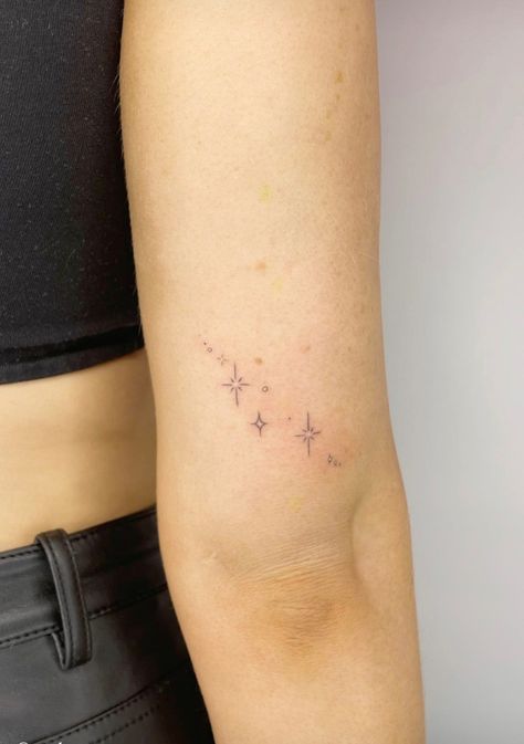 Sparkle And Stars Tattoo, Sparkles And Stars Tattoo, Sparkle Minimalist Tattoo, Placement Ideas For Small Tattoos, Sparkle Tattoos For Women, Sparkly Star Tattoo, Sparkles Tattoo Ideas, Elegant Star Tattoo, Sparkle Stars Tattoo