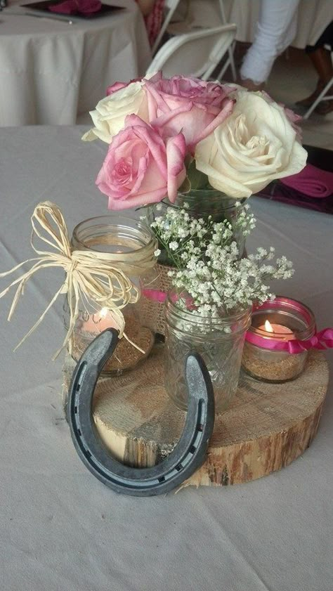 Rustic wedding shower center pieces using all different sizes mason jars! Love it! Rustic Wedding Showers, Wedding Horseshoes, Hipster Wedding, Rustic Farm Wedding, Cowgirl Birthday Party, Horse Party, Rustic Mason Jars, Western Parties, Cowgirl Birthday