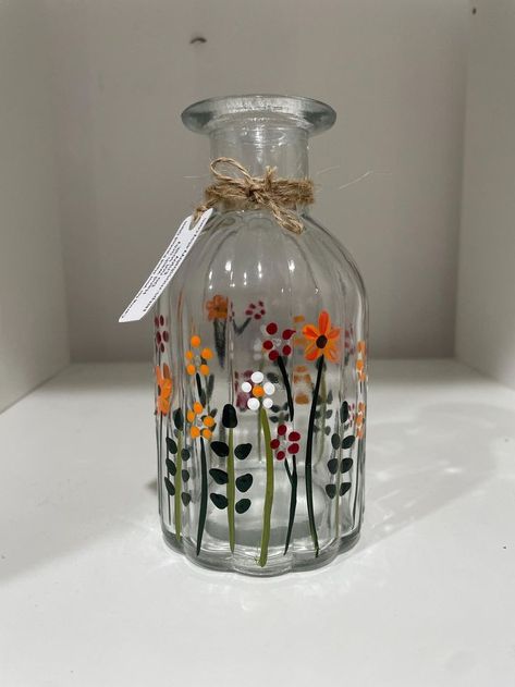 Painted Glass Jars, Jars Decoration Ideas, Painting Glass Jars, Painted Glass Vases, Hand Painted Bottles, Colour Flowers, Flower Bottle, Clear Vase, Glass Craft