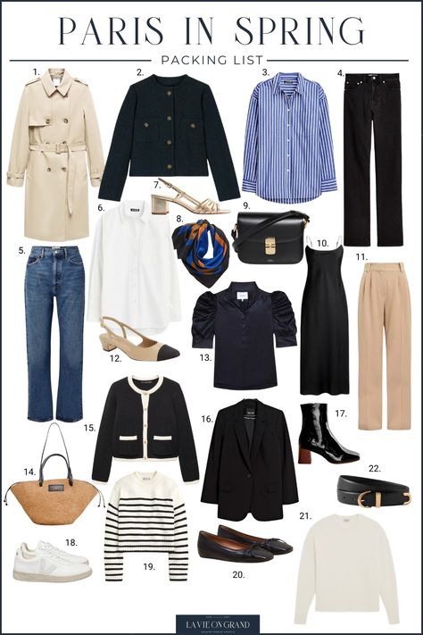 Packing For Paris In Spring + Checklist | La Vie On Grand Spring Fashion Paris, Paris Spring Fashion 2024, Paris In April What To Wear In, Pack For Paris In Spring, Shop Your Closet Outfits, Paris In Spring Outfits, Packing For Paris In Spring, Spring Paris Outfits, Spring Parisian Style