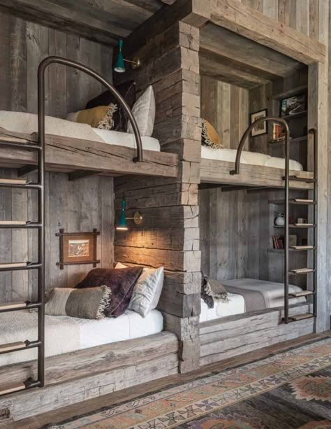 Inside a rustic Montana home surrounded by breathtaking mountain views Bunk Room Ideas, Rustic Mountain Homes, Bunk Bed Rooms, Bunk Beds Built In, Montana Homes, Built In Bunks, Bunk Rooms, Guest Cabin, Cabin Interiors