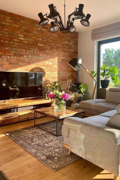 Brick Homes Interior, Brick Wall Interior Living Room, Brick Wall Interior, Brick Interior Design, Brick Wall Living Room, Brick Wall Decor, Brick Living Room, Ruang Tv, Brick Interior Wall