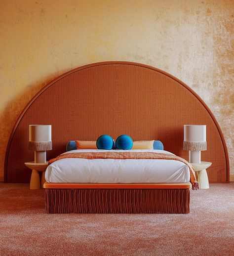 Orange Headboard, Orange Interiors, Orange Bed, Orange Bedroom Decor, Orange Bedroom, Bedroom Color Combination, Bedroom Orange, Minimalist Bedroom, Interior Inspo