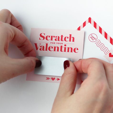 Your child will be the hero of the class with these fun Scratch-off Valentines! Simply write your own special handwritten message in the blank area, cover it with the scratch-off sticker provided, and scratch to reveal your valentine. Also available in mint here! Valentine Giveaway Ideas, Fun Giveaway Ideas, Valentines Packaging Design, Valentine's Games, Valentines Products, Valentine Packaging, Valentines Giveaway, Diy Anniversary Gift, Personalised Gifts Diy