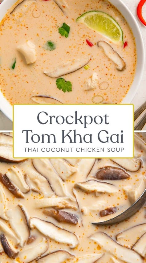 Slow Cooker Tom Kha Soup, Tom Kha Soup Recipe, Tom Kha Soup, Coconut Chicken Soup, Thai Coconut Chicken Soup, Soup Thai, Thai Coconut Chicken, Tom Kha Gai, Tom Kha