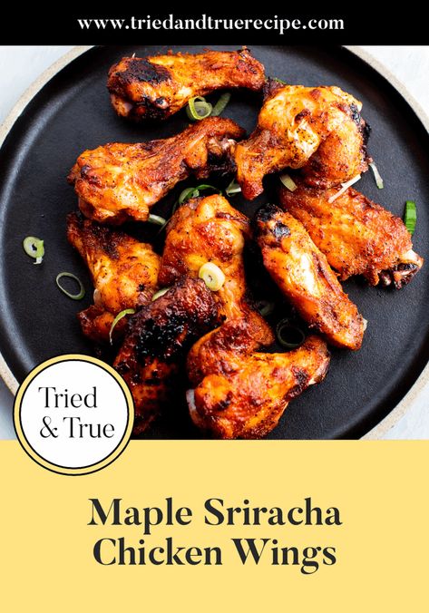 Maple Sriracha Chicken Wings | Tried & True Recipes Pretzel Salad Dessert, Spicy Baked Chicken Wings, Maple Sriracha, Sriracha Chicken Wings, Strawberry Pretzel Salad Recipe, Spicy Baked Chicken, Sriracha Chicken, Strawberry Pretzel Salad, Pretzel Salad