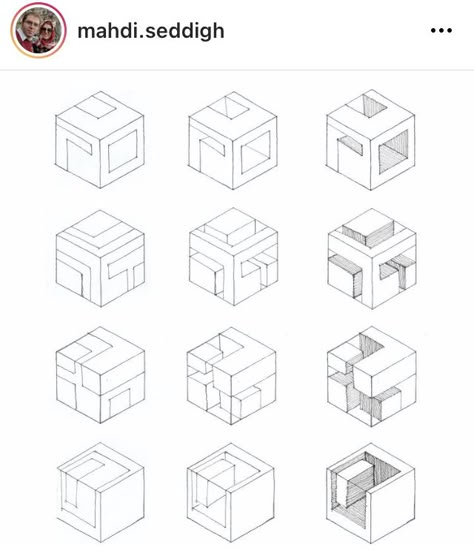 Cubes Architecture Concept, Isometric Shapes, Cubes Architecture, Isometric Cube, Geometric Shapes Drawing, Interior Design Portfolio Layout, Elevation Drawing, Isometric Drawing, Colored Pencil Artwork