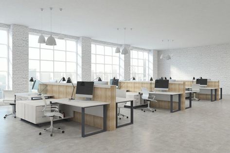 Modern coworking office. Modern white brick coworking office interior with furni , #AFF, #white, #brick, #interior, #Modern, #coworking #ad Open Office Layout, Open Concept Office, Open Office Design, Cubicle Design, Contemporary Office Furniture, Open Space Office, Office Idea, Modern Office Interiors, Desk Layout