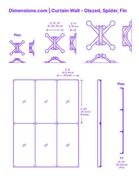 A spider fin glazed curtain wall is a sophisticated façade system that marries aesthetics with engineering prowess. At its core, the system utilizes spider fittings, sleek point-fixed connectors, to anchor large glass panes. Instead of traditional mullions, vertical glass fins provide the necessary structural support. Downloads online #facade #windows #curtainwall #construction #buildings #walls Spider Curtain Wall Detail, Glass Wall Design Exterior Building, Spider System Curtain Wall, Wall Details Architecture, Glass Facade Detail, Glass Facade Design, Curtain Wall Design, Bubble Diagram Architecture, Glass Wall Design