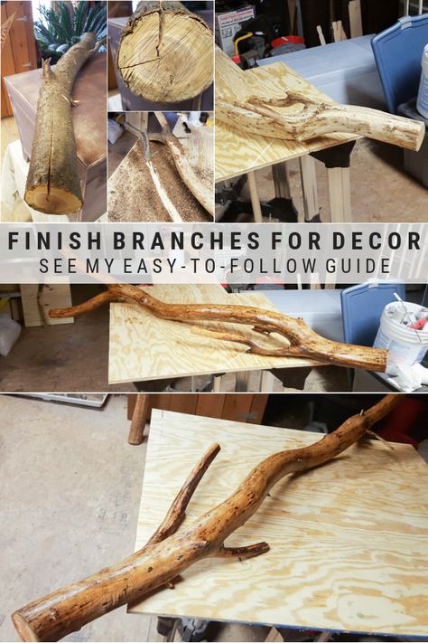 Learn how to strip, finish, and seal branches for decor in your home #diy #rustic #branches Branches For Decor, Wood Branch Decor, Tree Branch Decor Diy, Tree Branch Crafts, Backyard Lighting Diy, Katt Diy, Branch Furniture, Tree Branch Decor, Branches Diy