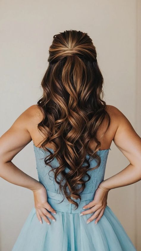 Prom Curly Hairstyles Down, Hairstyle For Prom Long Hair, High School Graduation Hairstyles Ideas, Simple Prom Hair Long, Fancy Girl Hairstyles, Girls Fancy Hairstyles, Wedding Hairstyles For Long Hair Elegant, Curly Hair Ideas For Prom, Dress Hairstyles For Long Hair