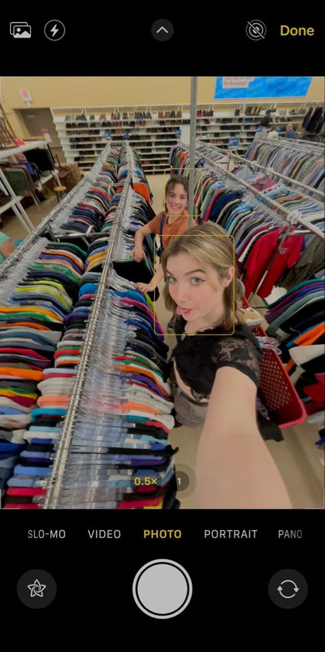 two girls smile for a point five selfie at a thrift store. Thrift Shopping With Friends, Things To Do In The Mall With Friends, Thrifting Aesthetic Friends, Thrifting With Friends Aesthetic, Thrifting With Friends, Shopping With Friends At The Mall, Friends Thrifting, Mall Pics With Friends, Shopping Mall Photo Ideas