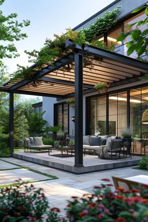 15 Stunning Pergola Patio Ideas You'll Fall In Love With 10 Pergola Patio With Plants, 10 X 10 Pergola Ideas, Pergola Patio Modern, Steel Pergola Ideas, Backyard Deck With Pergola, Pergola Deck Ideas, Pergola For Deck, Pergola Landscape, Pergola Porch Ideas