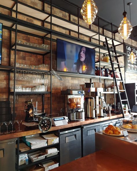 Custom built to your specifications. #backbar #shelving #coffeeshop #bar #bardesign Backbar Shelving, Commercial Bar Shelves, Coffeeshop Bar Design, Industrial Home Bar Shelves, Bar Shelves Ideas Liquor, In Home Bar, Old Fashioned Bar Design, Industrial Cafe Bar Counter Design, Bar Shelves Ideas