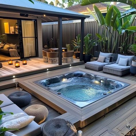 Pool Deck With Hot Tub, Hot Tub Next To Deck Ideas, Outdoor Patio Jacuzzi Ideas, Swimming Spa Backyard Ideas, Hot Tub In Deck Built Ins, Hot Tub Next To Pool, Rooftop Jacuzzi Ideas, Swimming Pool Decking Ideas, Spa Pools Backyard