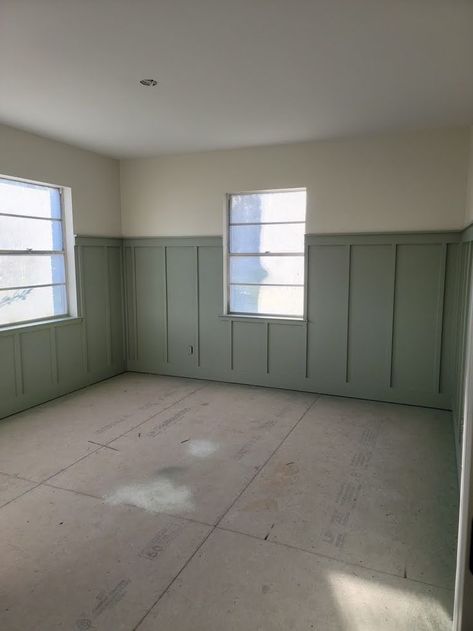 Board And Batten Evergreen Fog, One Wall Paneling Living Room, Paint Colors For Board And Batten, Board And Batten All Walls, Wood Paneling Painted Green, Sage Green Waynes Coating, Gray Green Wainscotting, Green Batten Board Walls, Hunter Green Board And Batten Wall