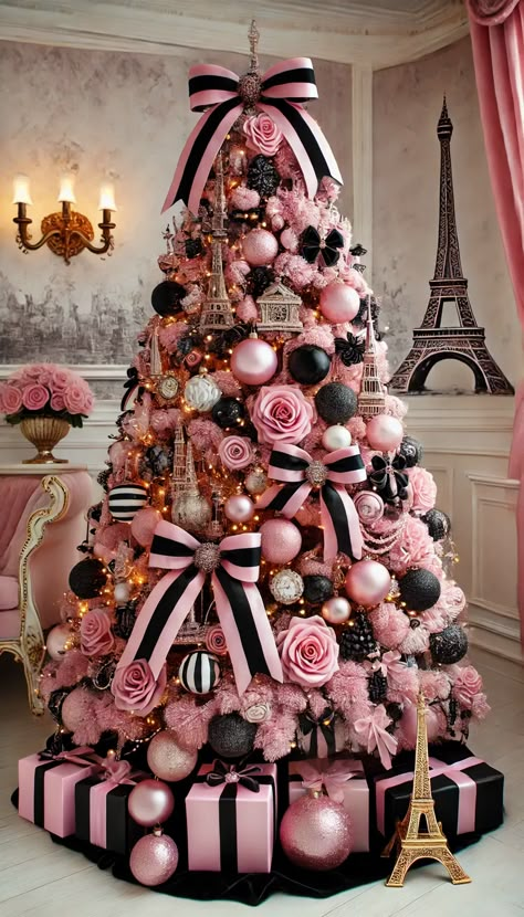 17+ Stunning Pink Christmas Tree Decorations Ideas 🎄💖 Pink Christmas Tree With Black Ornaments, Pink Ornament Christmas Tree, Paris Themed Christmas Tree, Fuschia Christmas Decor, Black And Pink Christmas Tree Ideas, Pink Tree With Black Ornaments, Pink And Black Christmas Tree Ideas, Pink Candy Theme Christmas Tree, Pink And White Christmas Tree Decor