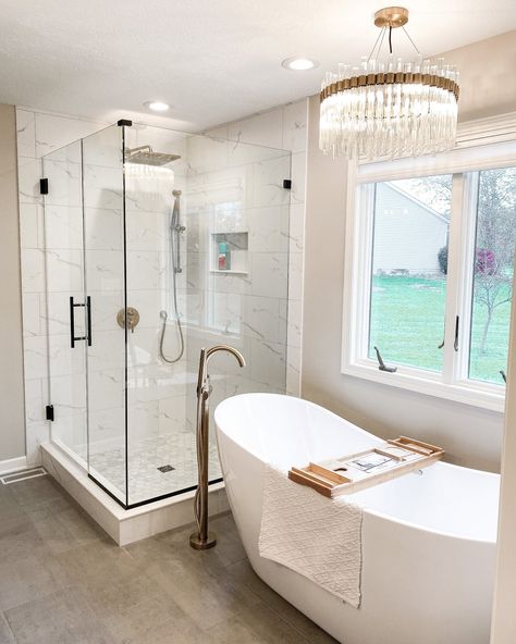 Master Bath Soaker Tub, Master Bath Shower And Freestanding Tub, Free Standing Bath Tub Corner, Free Standing Tub With Chandelier, Bathrooms With Soaker Tubs, Bath And Shower Separate, Small Bathroom Ideas With Tub Layout, Tub In Shower Master Bath, Stand Alone Tub Master Bath