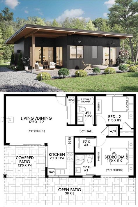 2-Bedroom Modern Home with Covered Patio and Open-Concept Living (Floor Plan) Small 2 Bedroom House Plans, Small 2 Bedroom House, Contemporary Ranch Home, Loft House Plans, Open Concept House Plans, Mansion Floor Plans, Country Style Bedroom, 1 Bedroom House, Basement Floor Plans