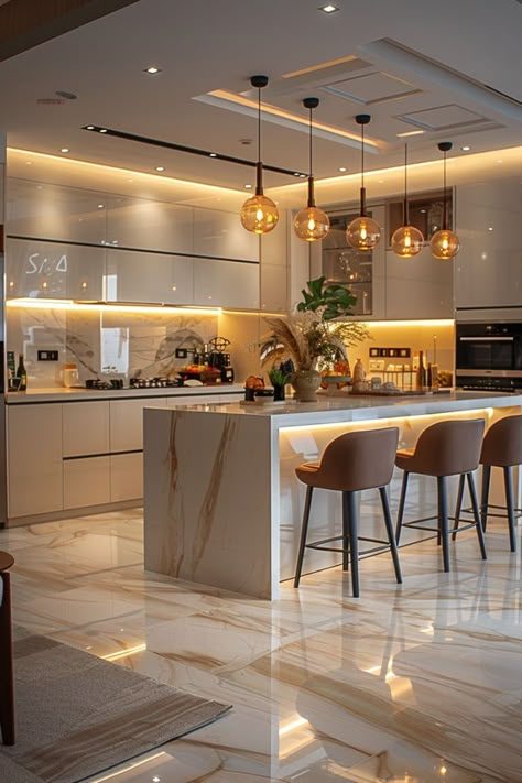 Modern Kitchen With Center Island, Modern Looking Houses, Modern Off White Kitchen, Dining Design Modern Luxury, Natural Style Kitchen, White Kitchen Ideas With Island, Dining Area Ceiling Design, Kitchen Interior Island, Modern House Design Interior 2024