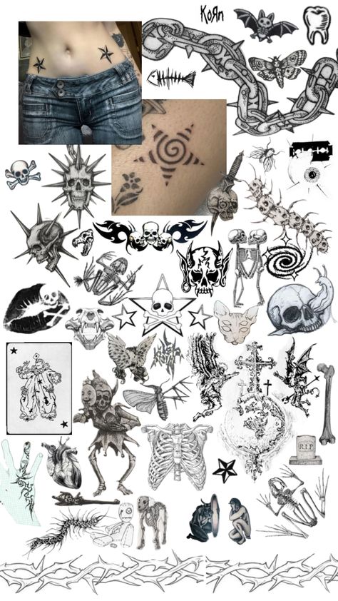 my lil tattoo inspo board #tattoo #tattoos #blackandwhite #skull #skulls #dark #alt #emo #bodymods Mens Grunge Tattoo, Emo Tattoos Ideas, Small Tattoos Alt, Unique Grunge Tattoos, Y2k Sleeve Tattoo, Matching Emo Tattoos, Side Burn Tattoos For Women Face, Emo Tattoos For Guys, Alt Tattooed