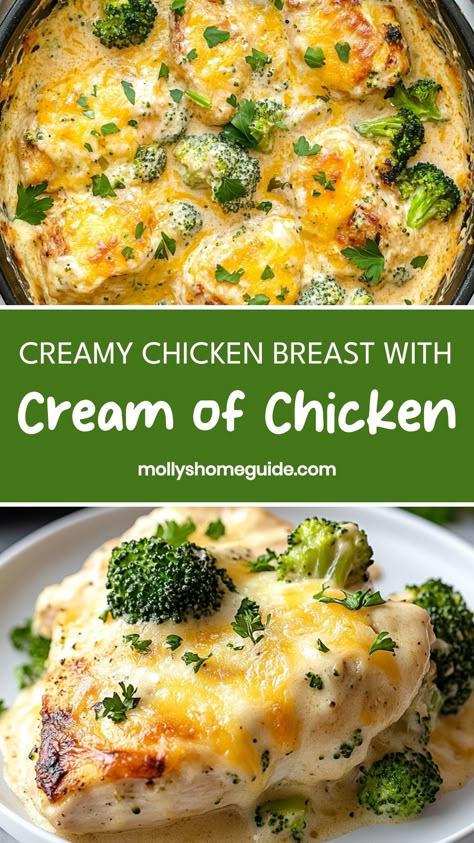 Indulge in a delicious meal tonight with this flavorful recipe for tender chicken breast smothered in creamy, savory cream of chicken sauce. This dish is the perfect way to elevate your dinner routine and impress your family or guests with minimal effort. The combination of juicy chicken and rich, decadent sauce creates a harmonious blend of flavors that will leave everyone coming back for seconds. Baked Chicken Recipes With Cream Of Chicken, Cream Of Chicken Baked Chicken Recipes, Baked Chicken Recipes Cream Of Chicken, Chicken Breast Recipes Easy Crockpot, Chicken With Cream Of Chicken Recipes, Filet Chicken Breast Recipes, Cream Of Chicken Soup Chicken Recipes, Best Boneless Chicken Breast Recipes, Creamy Chicken Bake Recipes