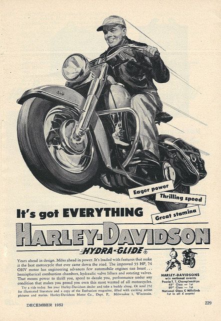 Vintage Motorcycling Advertising - Harley Davidson Hydra-Glide Motorcycle, From Popular Mechanics Magazine, December 1952 | by France1978 Motorcycle Advertising, Popular Mechanics Magazine, Harley Davidson Posters, Motorcycle Ads, Vintage Harley Davidson Motorcycles, Motorcycle Artwork, Antique Motorcycles, Harley Davidson Art, Harley Davidson Vintage