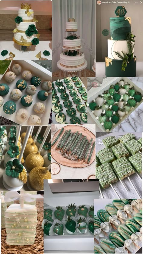 15 Bday Party Themes, Sweet 16 Party Emerald Green, Cake For Quinceanera Green, Emerald Green Snack Table, Sweet 16 Forest Green, Green Gold Quinceanera Theme, Emerald Green Forest Quinceanera Theme, Emerald Green And Gold Sweet 16 Cake, Green And White Candy Bar