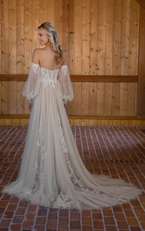 Boho Wedding Dress with Off-the-Shoulder Long Sleeves Essence Of Australia Wedding Dress, Woodland Wedding Dress, Forest Wedding Dress, Elvish Wedding, Cottage Core Wedding, Draped Wedding Dress, Party Dress Ideas, Forest Theme Wedding, Fairy Wedding Dress