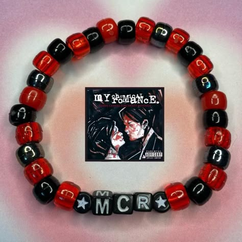 Rock Band Bracelets, Mcr Kandi Bracelets, Fall Out Boy Bracelet Ideas, Band Kandi Bracelets, Kandi Singles Ideas Emo, Mcr Bracelet Ideas, Horror Kandi, My Chemical Romance Bracelet, Cavetown Bracelets