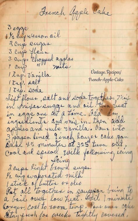 Cake With Eggs, Boiled Icing, Apple Cake Recipe Easy, French Apple Cake, Recipe Paper, Heirloom Recipes, Cake Layers, Handwritten Recipes, Vintage Baking