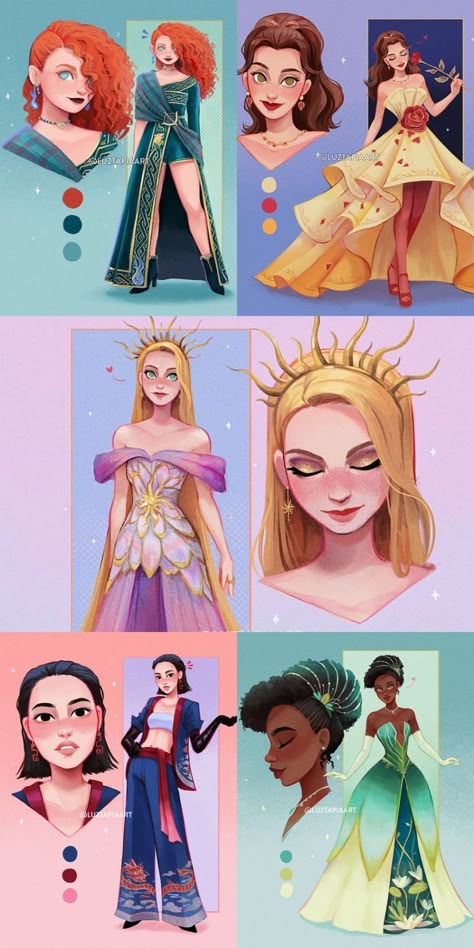 Disney Dresses Drawings, The Disney Princesses, Princesas Disney Anime, Disney Princess Fan Art, Disney Princess Fashion, Disney Princess Drawings, Princess Drawings, Disney Artwork, Modern Disney