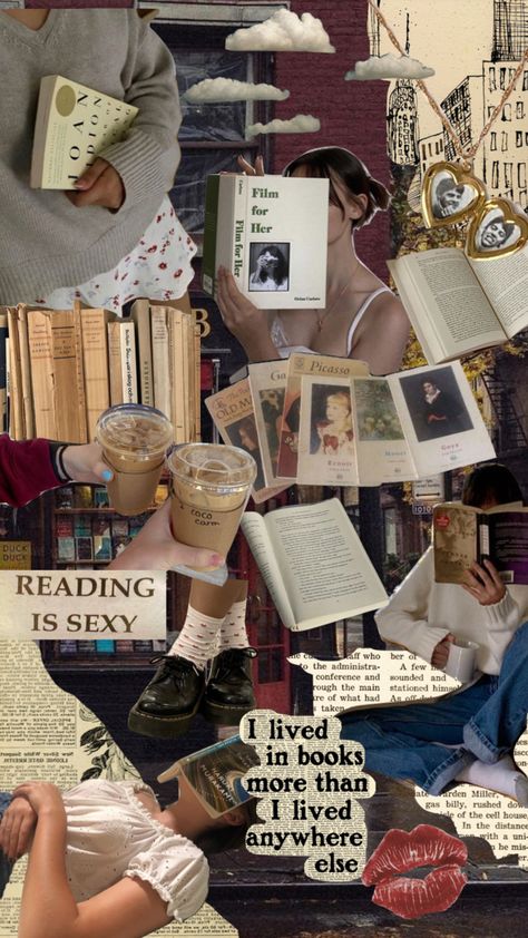 Irenecore Aesthetic, Cute Book Aesthetic Wallpaper, Reading Collage Wallpaper, Moodboard Wallpaper Aesthetic, Books Aesthetic Reading Wallpaper, Reading Aesthetic Collage, Different Aesthetics Collage, Wallpapers Books Aesthetic, Book Obsession Aesthetic