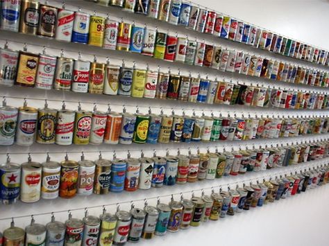 beer can collection - my husband wishes I wanted to do this Craft Beer Wedding, Beer Can Art, Can Collection, Beer Display, Beer Can Collection, Diy Shelving, Old Beer Cans, Brewery Design, Beer Box